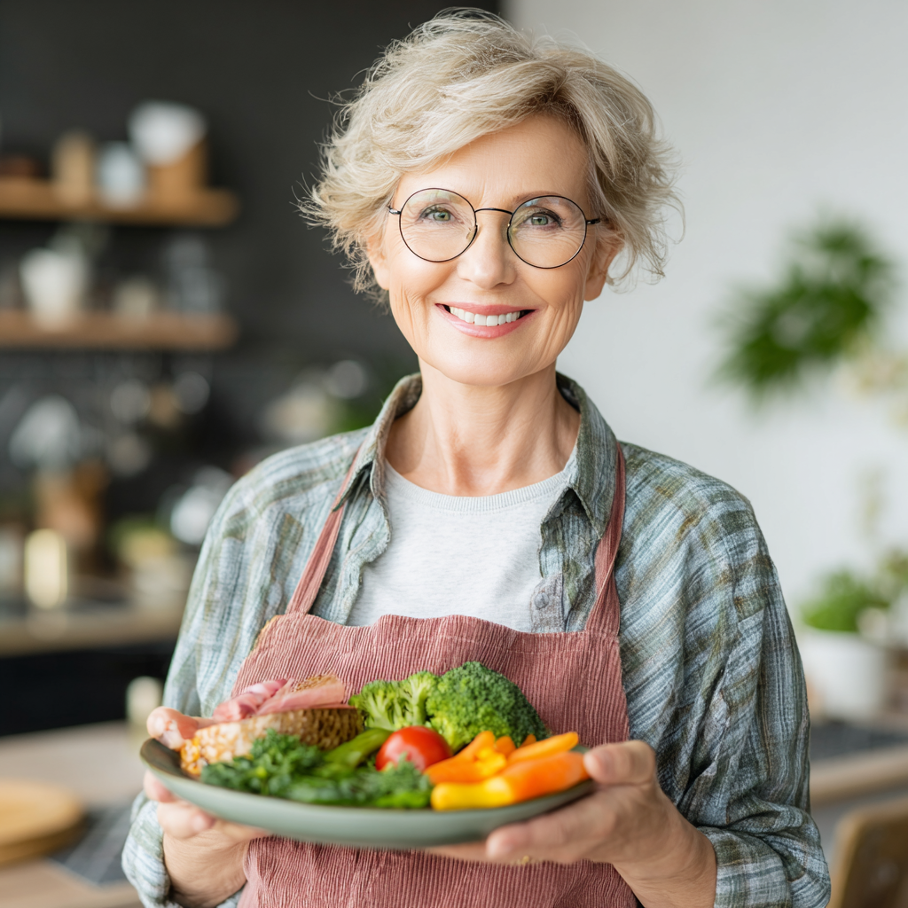 Happy middle-aged Ukrainian woman holding a colorful balanced meal plate with fresh vegetables and lean protein, smiling warmly in a bright modern kitchen