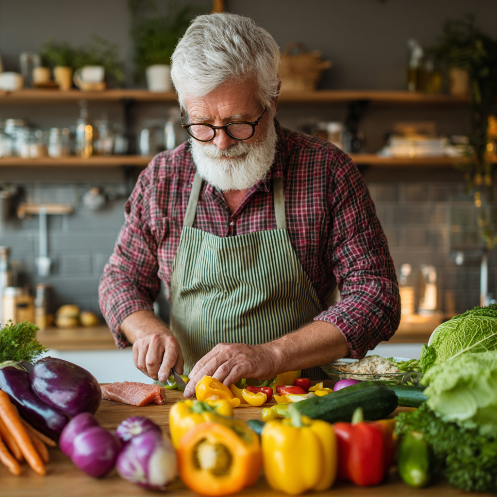 Cheerful elderly Ukrainian couple preparing a healthy meal together in their home kitchen, surrounded by fresh fruits and vegetables