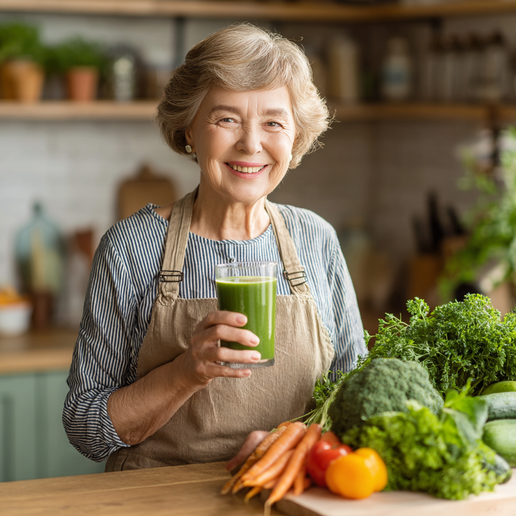 Smiling Ukrainian senior woman in her 60s holding a glass of green smoothie, standing in a sunny kitchen with fresh vegetables on the counter